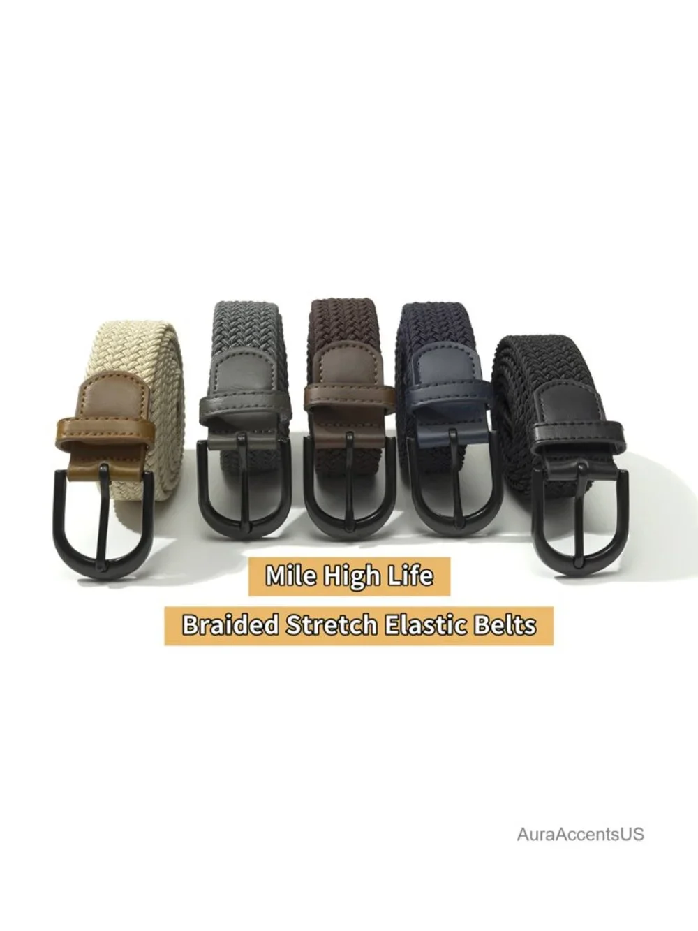 Braided Stretch Elastic Belt Pin Buckle PU Loop End Tip Men Women Junior